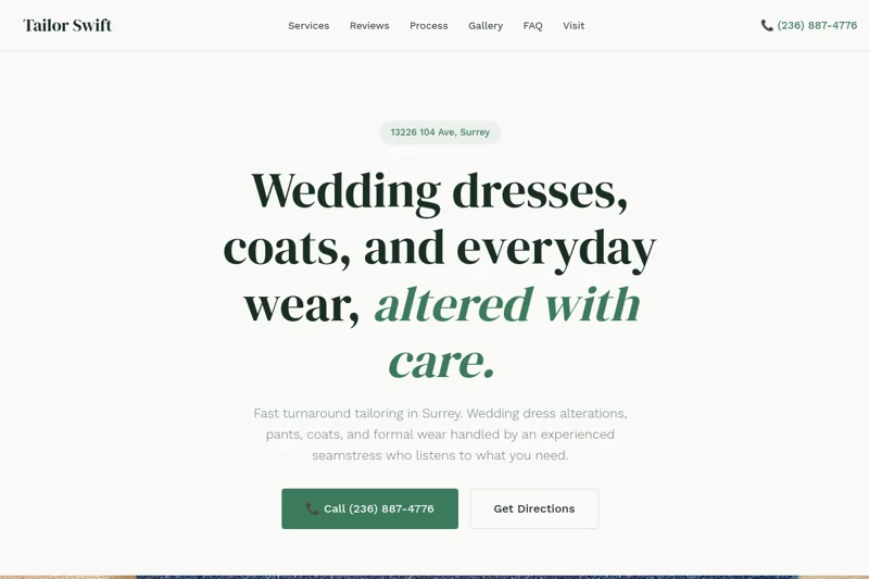 Screenshot of the Tailor Swift Alterations website, a minimal off-white design with green accents