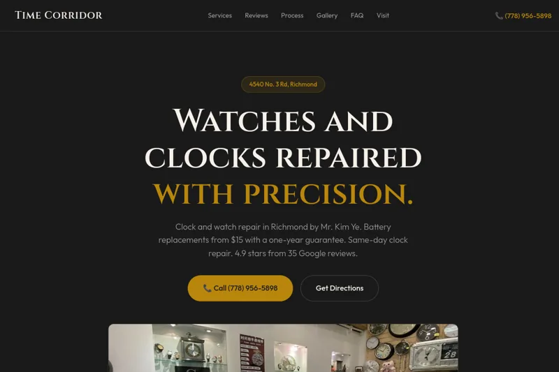 Screenshot of the Time Corridor Clock Shop website, a dark themed design with gold serif headings