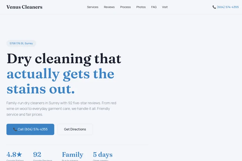 Screenshot of the Venus Cleaners website, a light blue and white design